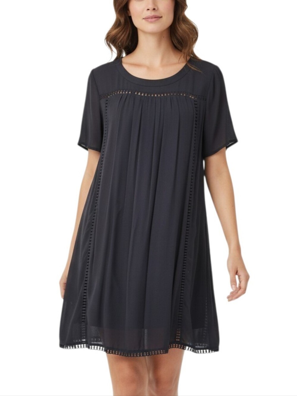 Ella Moss Black A-Line Dress Short Sleeve Embroidered Detail NWT